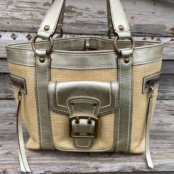 Coach Woven Straw and Metallic Leather Legacy Buckle Shoulder Bag M05K-113 - Picture 1 of 11